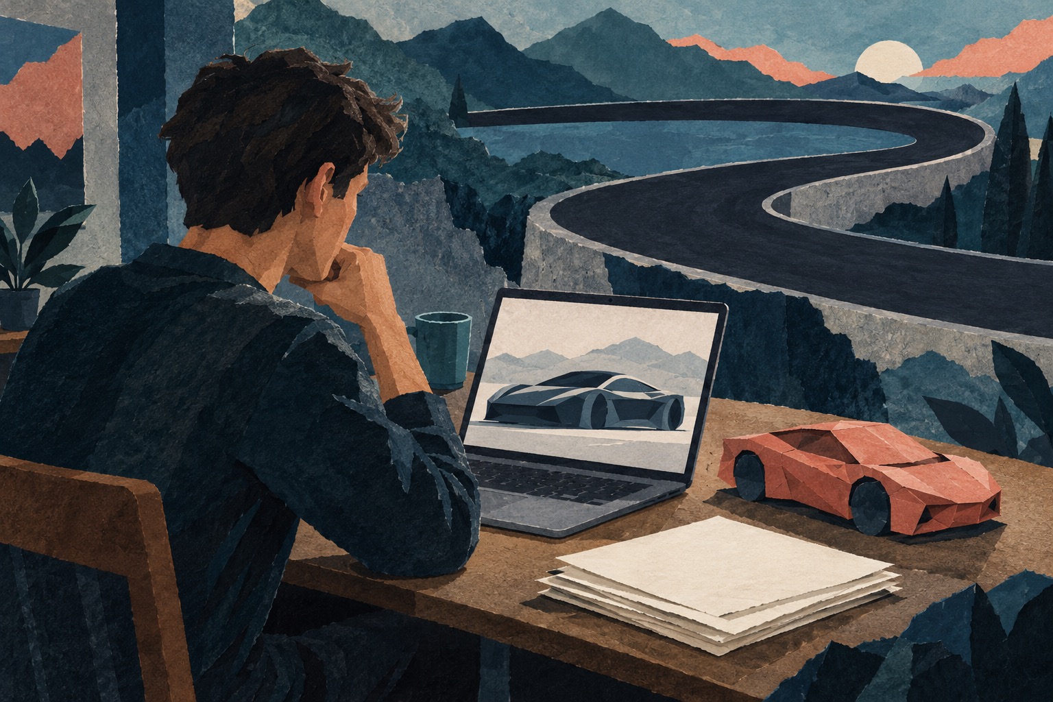 Conceptuele AI-illustratie van een jongere die op een laptop een sportauto bekijkt, met blanco reserveringspapieren op tafel.