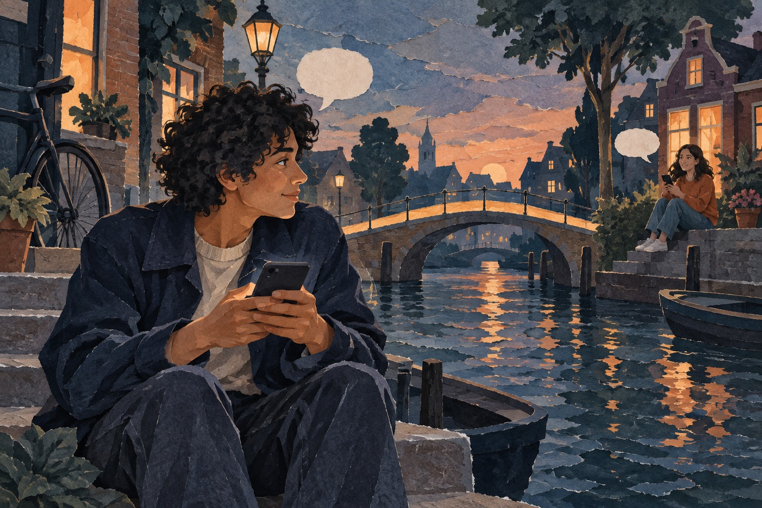 Geschilderde illustratie van twee vrienden met telefoons, verbonden door een brug tussen verschillende gebouwen.