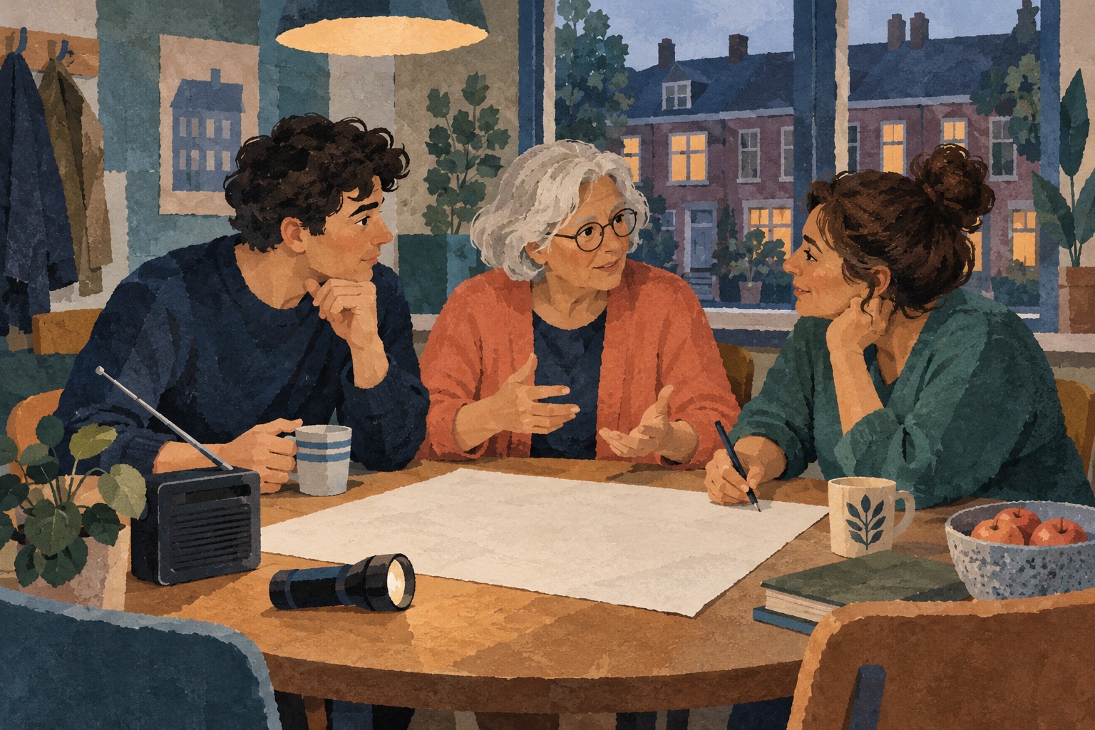 AI-illustratie: buurtbewoners bespreken een plan aan een tafel in een denkbeeldig buurthuis, met een radio en zaklamp naast hen.