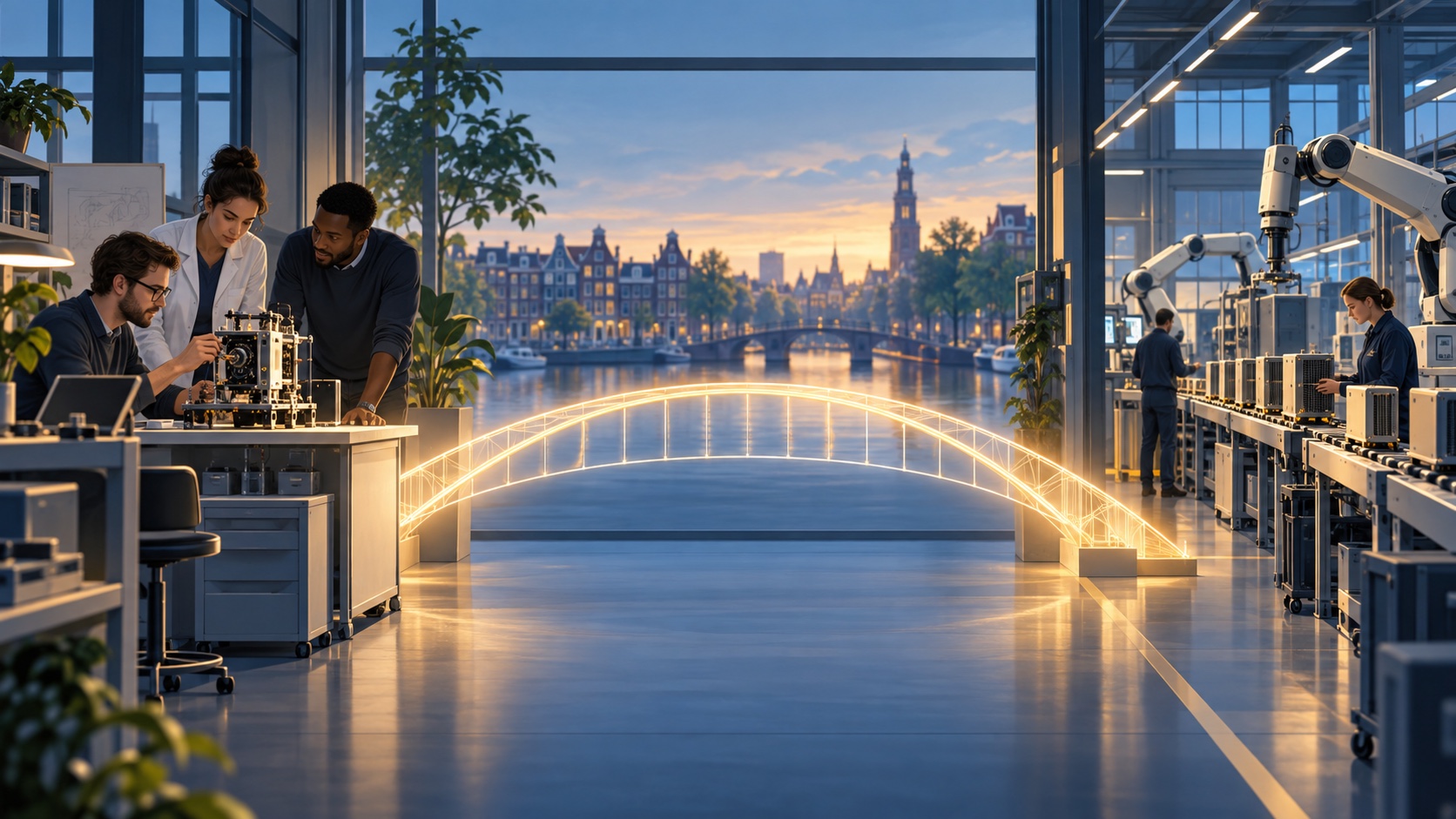 AI-illustratie van een onderzoeksteam naast een productielijn, verbonden door een lichtbrug als symbool voor groeifinanciering.