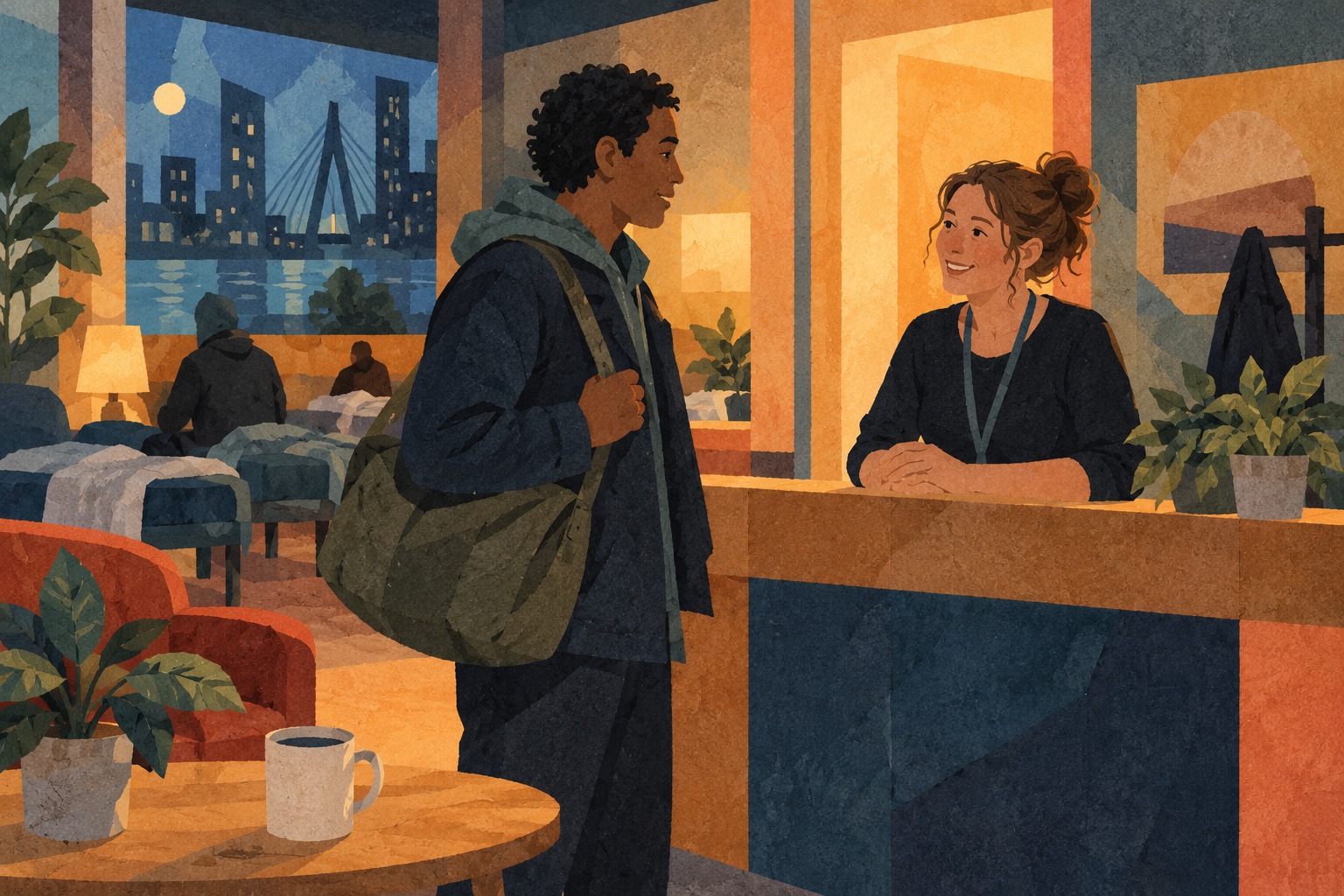 Conceptuele Nxt-illustratie van een jongvolwassene met een tas bij een medewerker in een warme opvangruimte.