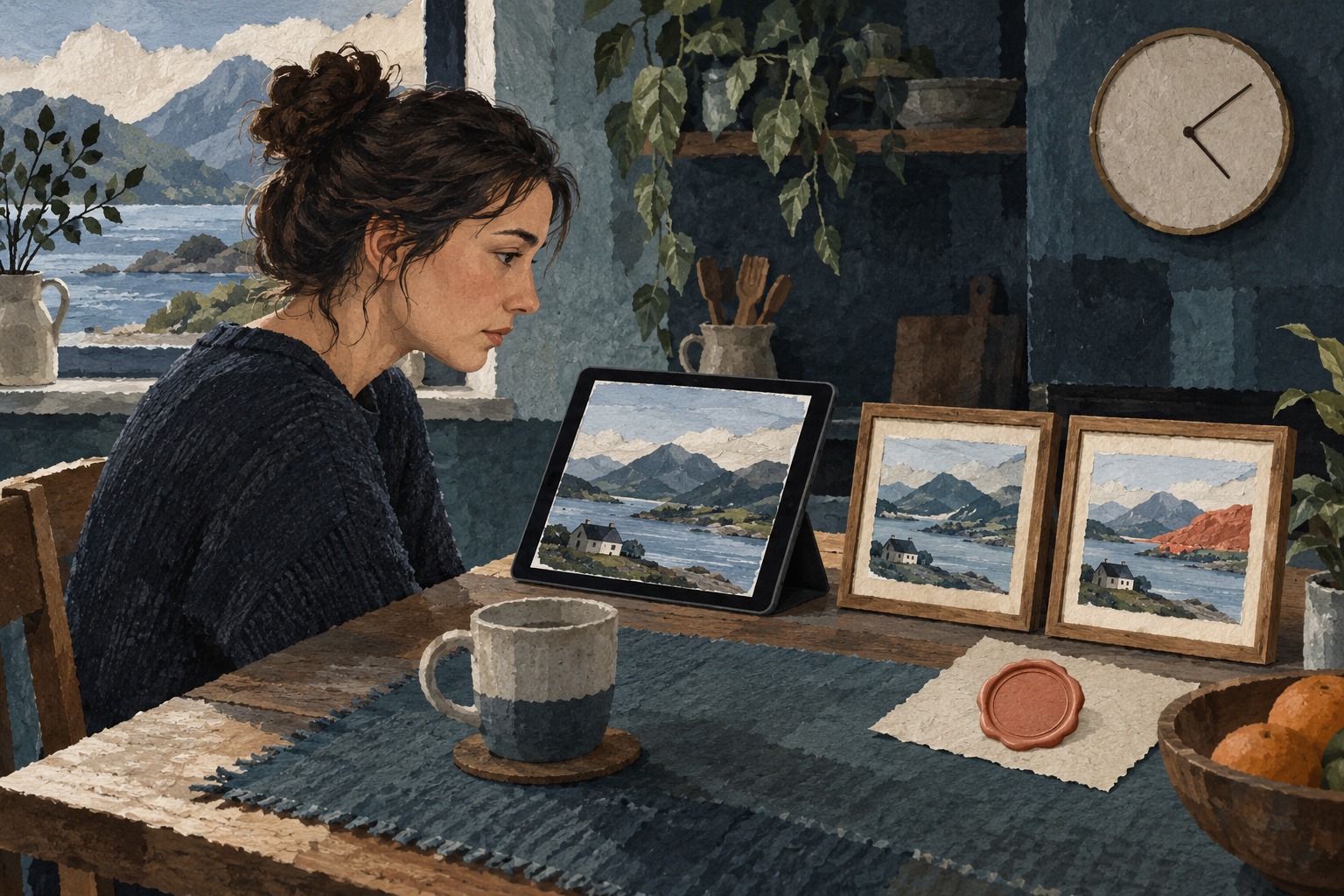 Conceptuele AI-papiercollage van een persoon die twee landschapbeelden bekijkt, met een blanco zegel en klok naast de tablet.