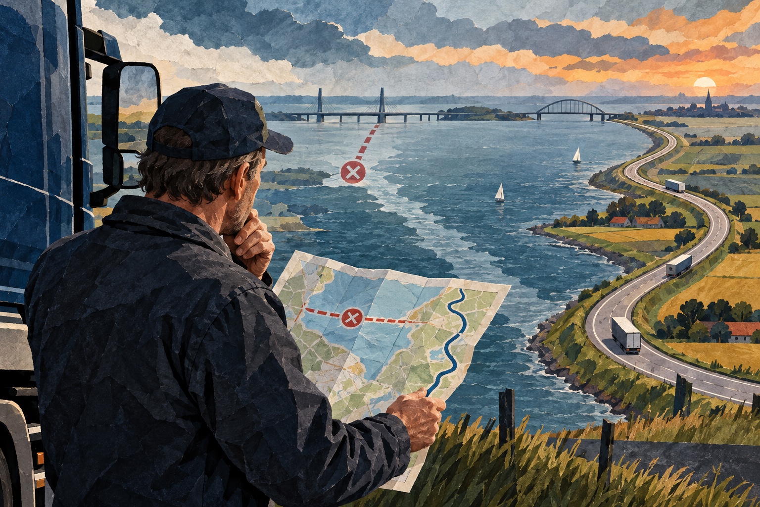Conceptuele collage van een vrachtwagenchauffeur die bij een wateroversteek een omweg op een kaart bekijkt