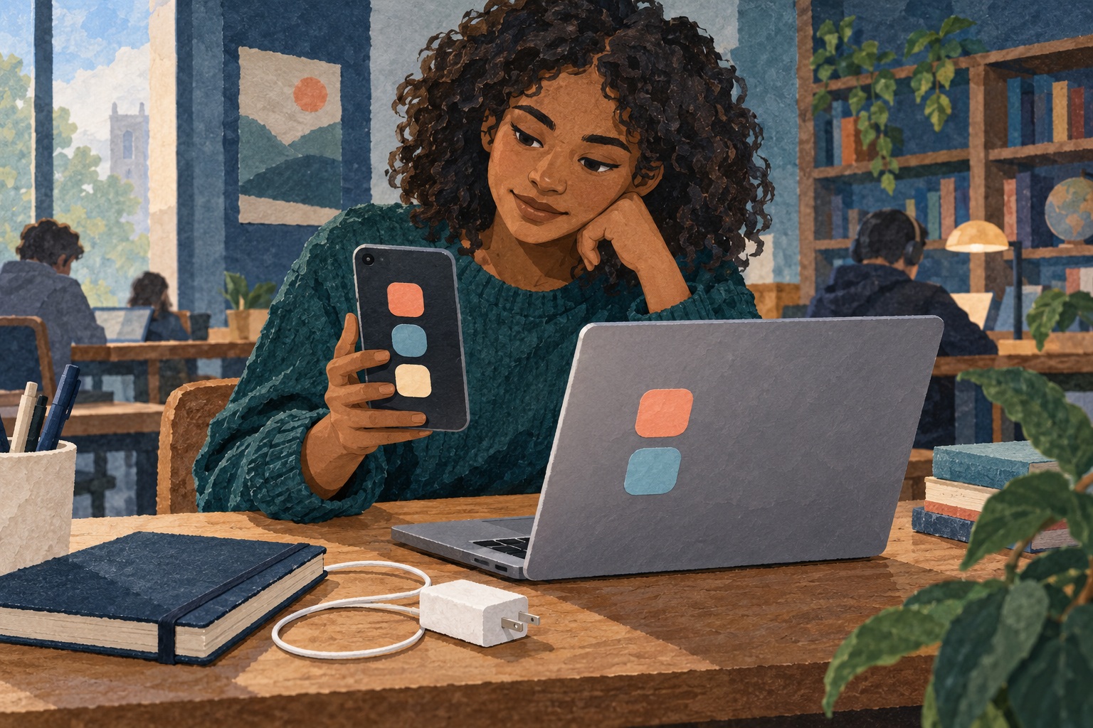 Conceptillustratie van een student met een telefoon, een laptop en een oplader; abstracte apptegels verbeelden dat niet alles vanzelf meeverhuist.