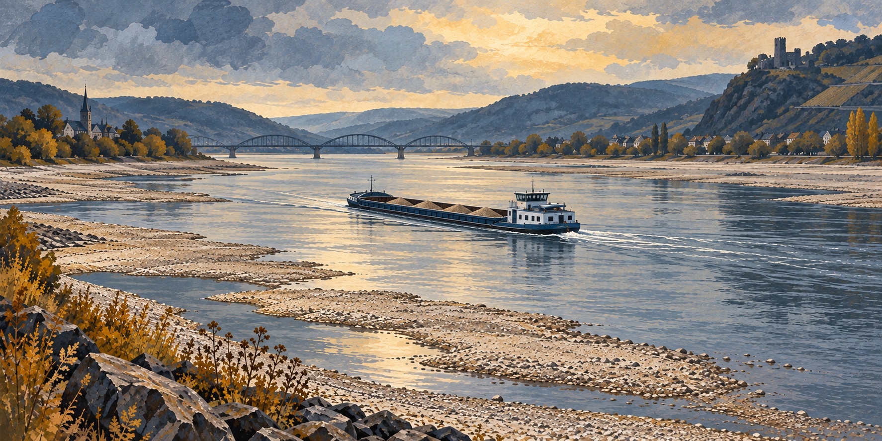 Illustratie van een laagstaande rivier met blootliggende grindoevers en een licht beladen binnenvaartschip; geen foto van een specifieke Rijnlocatie.