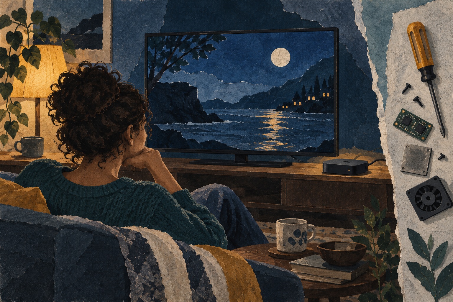 Geschilderde papiercollage van iemand die televisie kijkt met een streamingkastje, met reparatiegereedschap op de achtergrond.