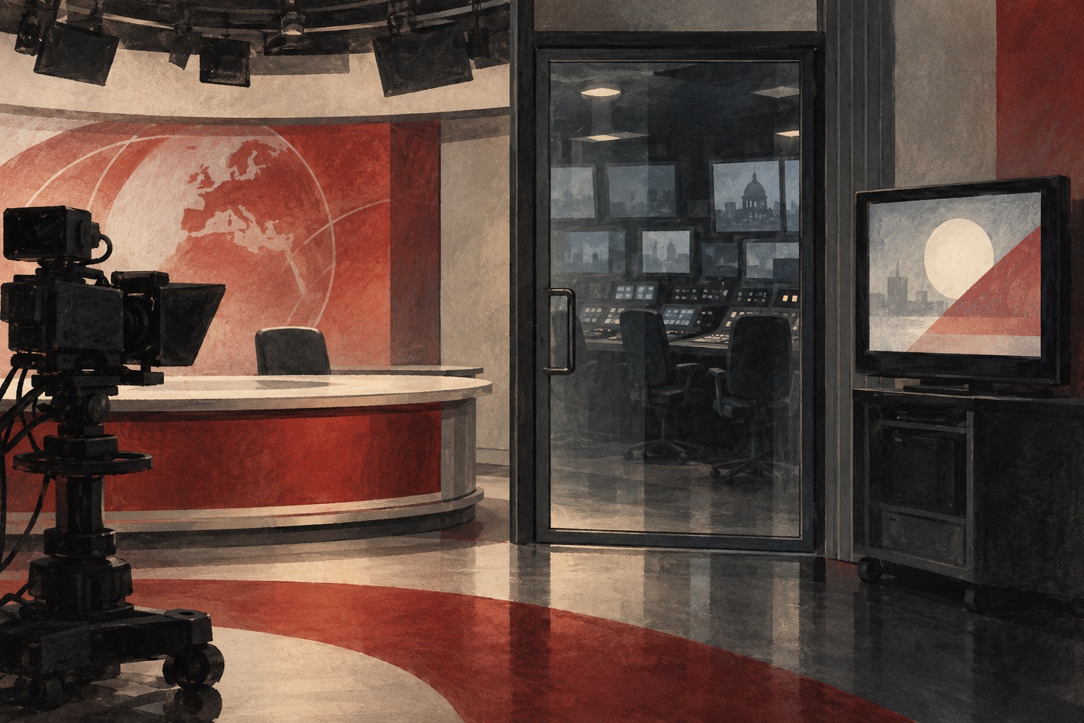 Geschilderde lege nieuwsstudio met een camera, een gesloten glazen deur naar de regie en een televisie met abstracte beelden.