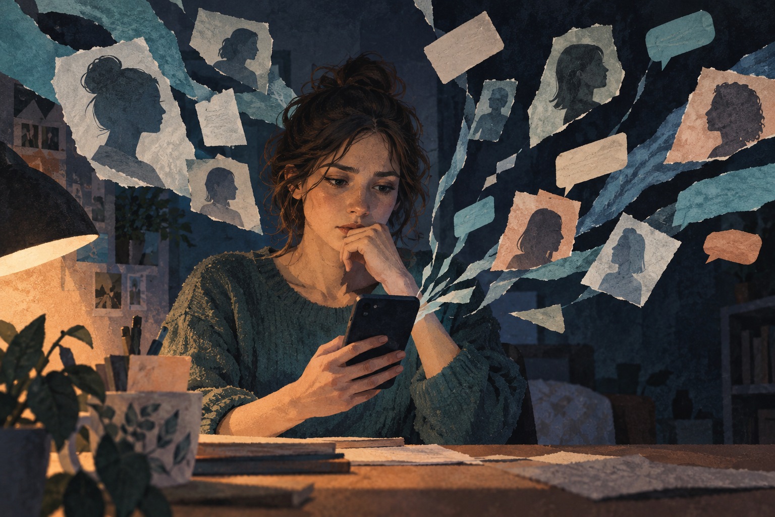 Conceptuele AI-illustratie van een fictieve vrouw met een telefoon, omringd door papieren portretten en lege berichtvormen.