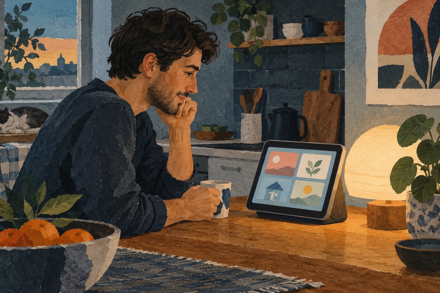 Man aan een keukentafel bekijkt een generiek huisscherm naast een brandende lamp; conceptuele illustratie.