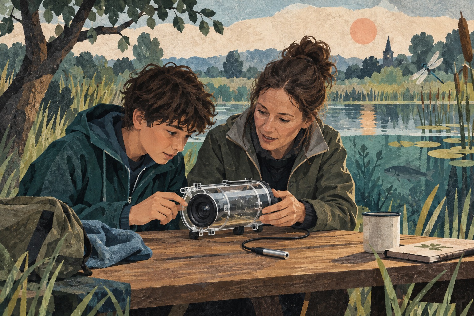 Conceptuele AI-papiercollage van een jongere en begeleider die bij een vijver een onderwatercamera bekijken.