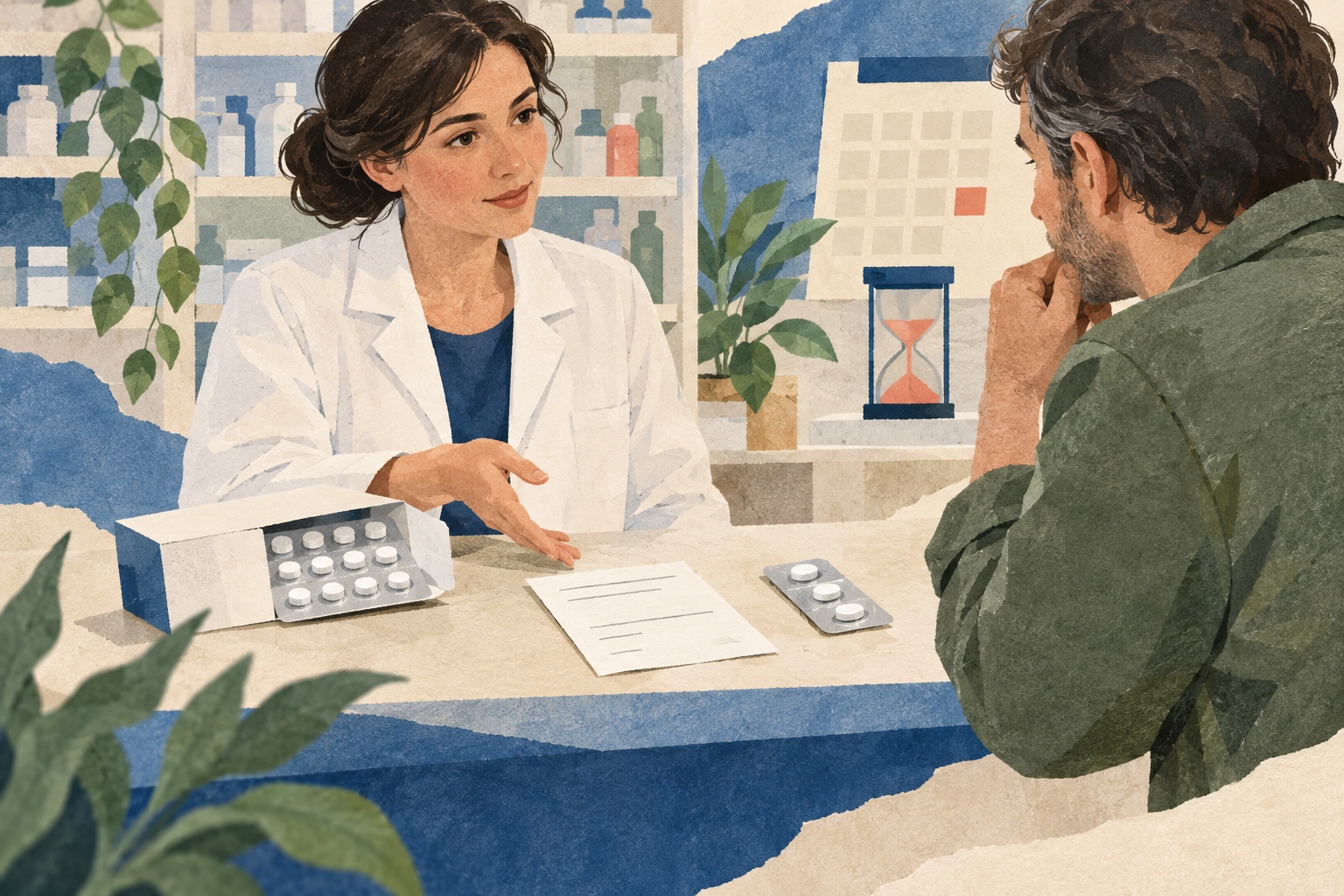 Illustratie van een apotheker die met een patiënt aan de balie een antibioticakuur en een verpakking bespreekt.