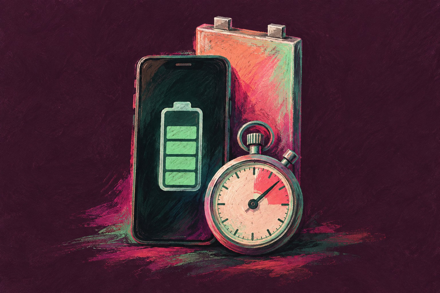 AI-illustratie van een telefoon, een accu en een stopwatch, over het verschil tussen accucapaciteit en gebruiksduur.