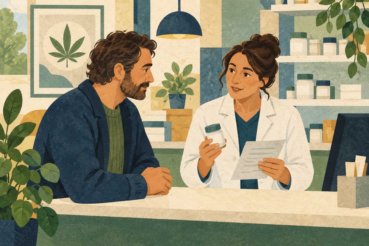 Conceptuele illustratie van een patiënt en apotheker die een gesloten medicijnpotje en voorschrift bespreken; geen echte apotheek, patiënt of medicinale-cannabisverpakking.