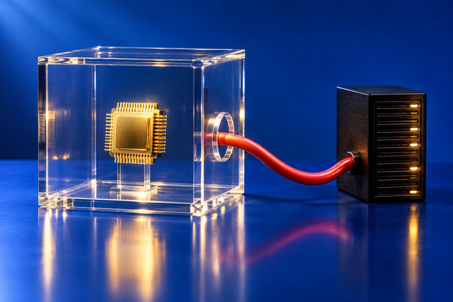 AI-illustratie van een chip in een transparante doos, met een netwerkkabel naar buiten als symbool voor de grenzen van een AI-testomgeving.