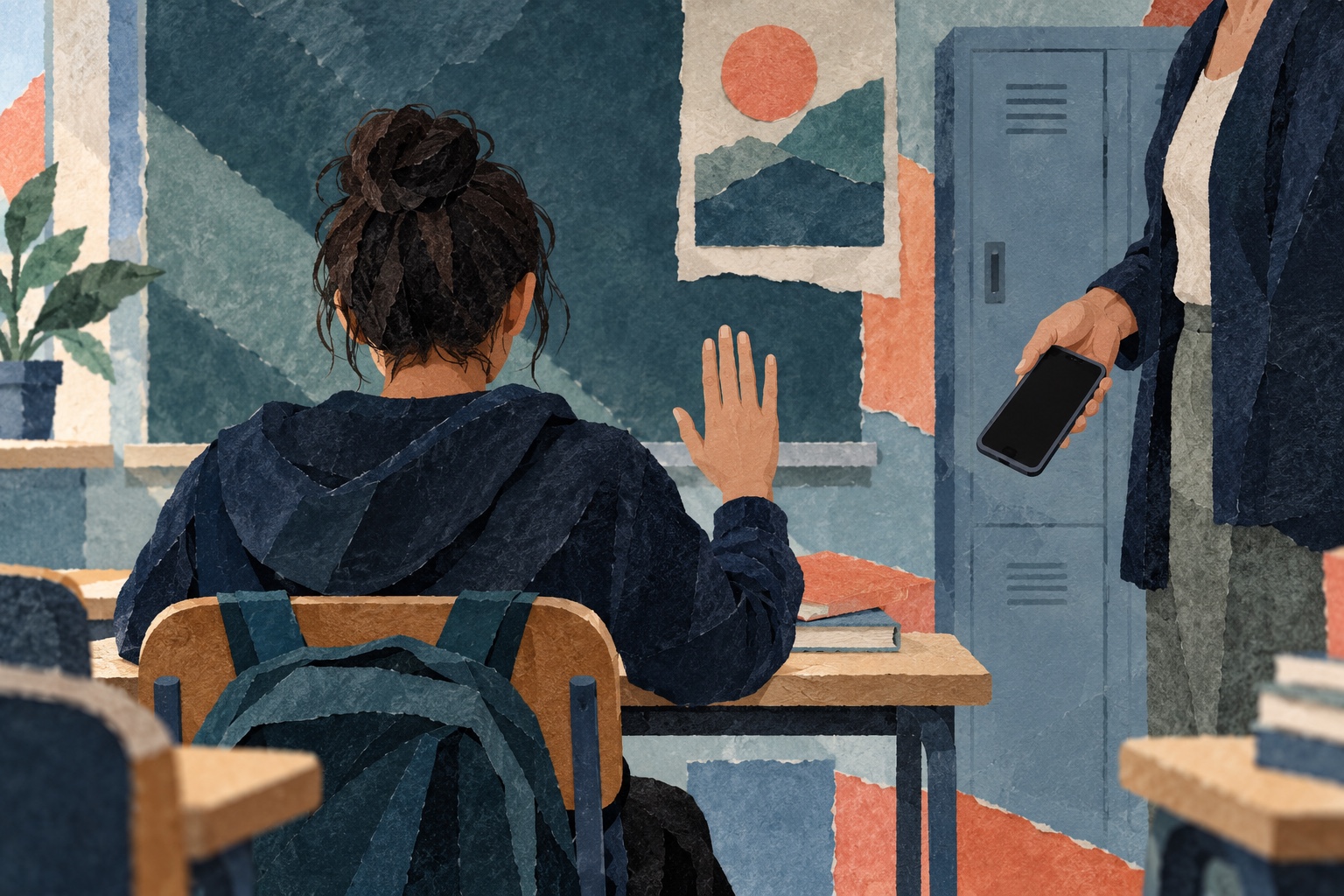 AI-illustratie: een leerling houdt een hand op terwijl een leraar een telefoon laat zakken; een denkbeeldige situatie over zeggenschap bij filmen.