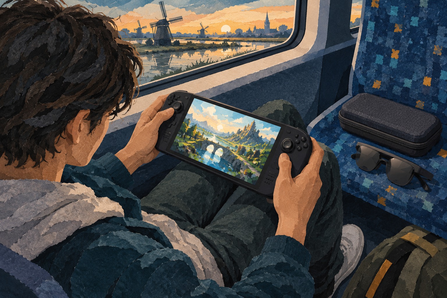 Geschilderde papiercollage van een treinreiziger met een generieke spelcomputer in de handen; op de stoel liggen een beeldbril en een reiskoffer. Conceptuele AI-illustratie, geen productfoto.