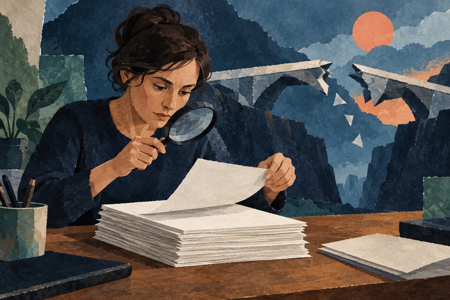 AI-illustratie van een onderzoeker met blanco manuscripten; een gebroken papieren brug verbeeldt bewijzen die op elkaar steunen.