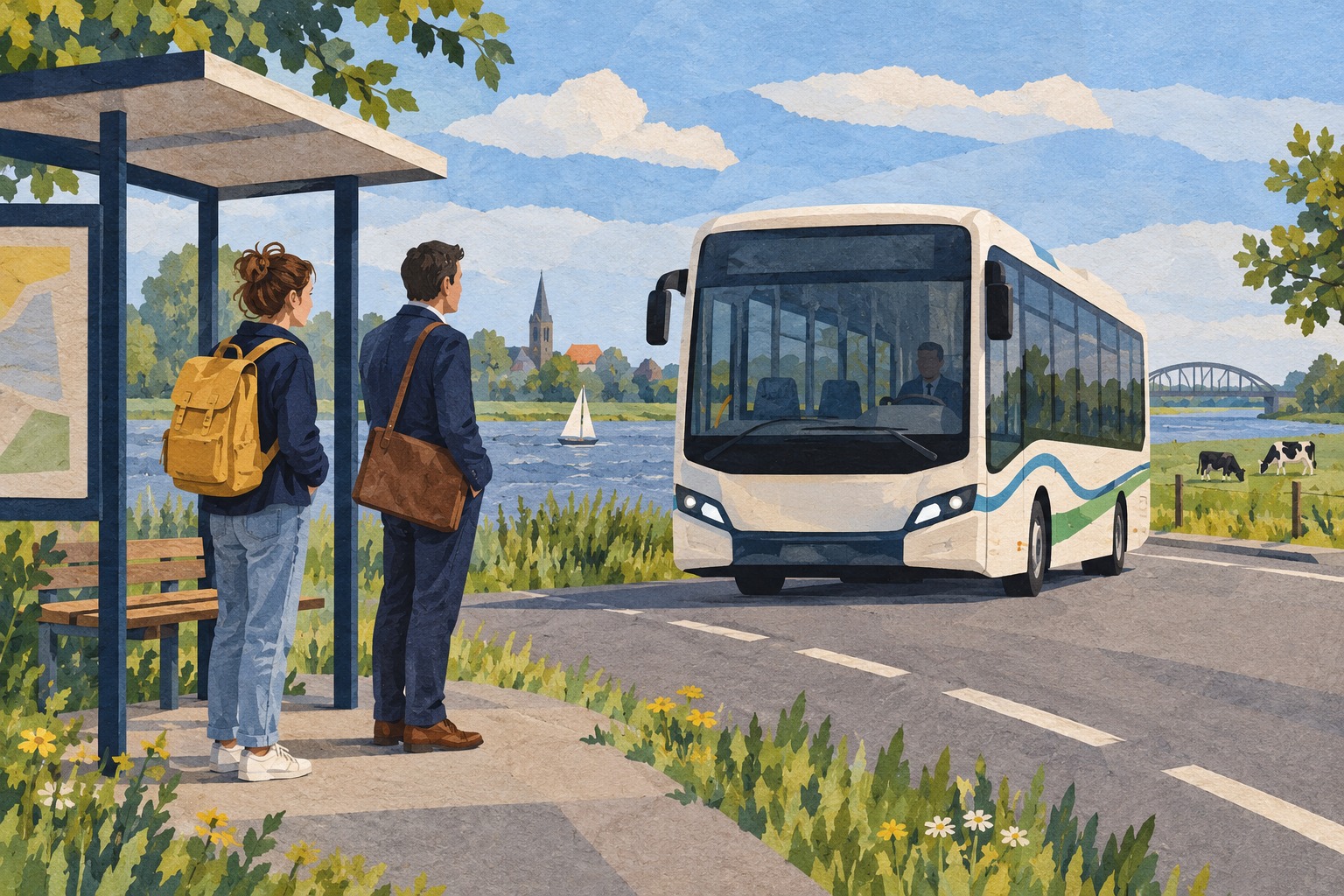 Getekende papiercollage van een volwassen student en forens bij een bushalte langs een rivier, terwijl een fictieve regionale bus nadert.