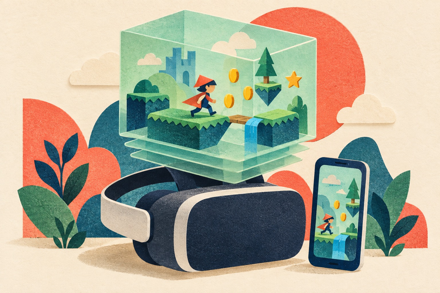 Conceptuele AI-illustratie: een spelwereld in een groene doos boven een VR-bril, met daarnaast een telefoon.