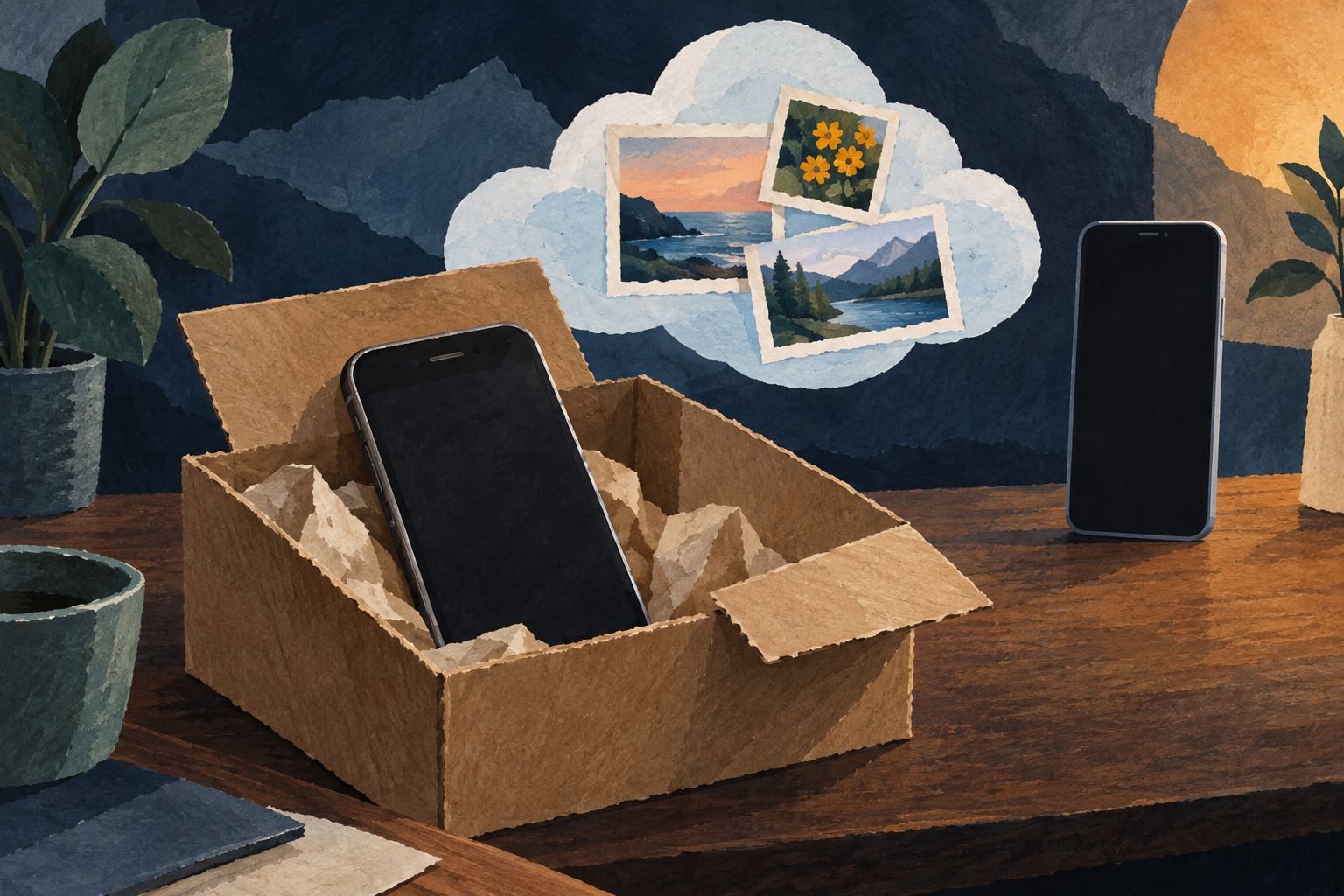 Conceptuele papiercollage met een oude telefoon in een verzenddoos, een nieuwe telefoon en afzonderlijk bewaarde foto’s in een wolkvorm.