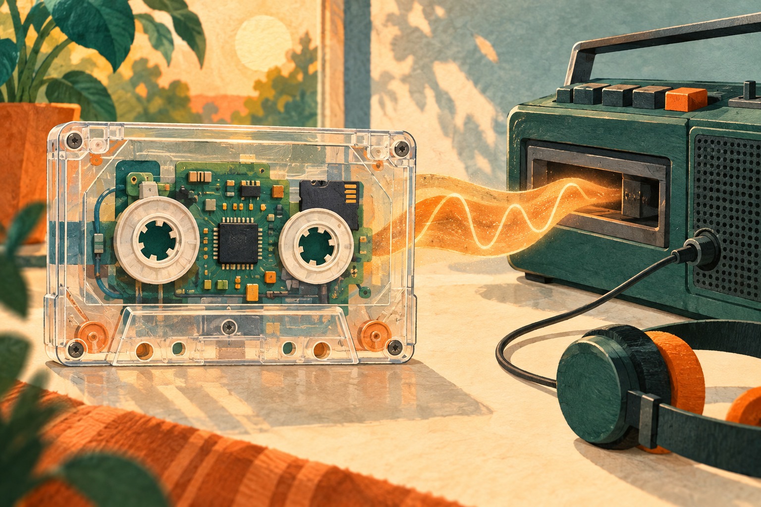 Conceptuele AI-illustratie van elektronica in een cassette naast een oude muziekspeler.