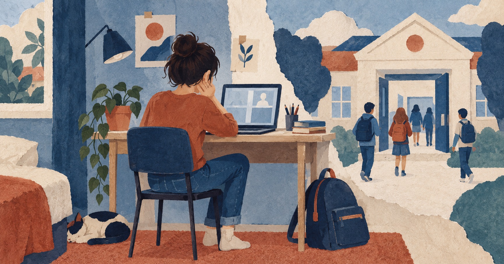 Conceptuele AI-illustratie van een leerling achter een laptop thuis en leerlingen die naar school lopen; geen beeld van de Franse protesten.