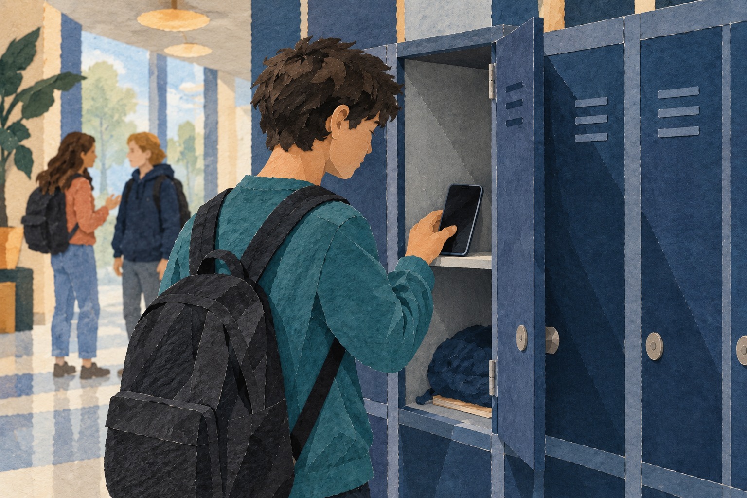 Conceptuele illustratie van een leerling die een telefoon in een schoolkluis opbergt; geen foto van een echte school of gemeten effect.