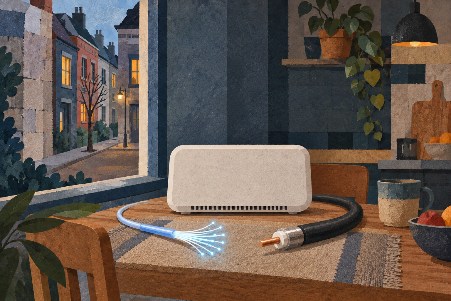 Geschilderde papiercollage: een modem met twee losse kabelvoorbeelden, glasvezel en coax, naast elkaar op tafel.