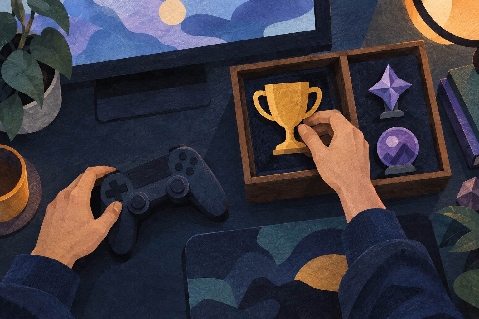 Illustratie van een speler die een trofee apart bewaart naast badges voor extra spelinhoud.