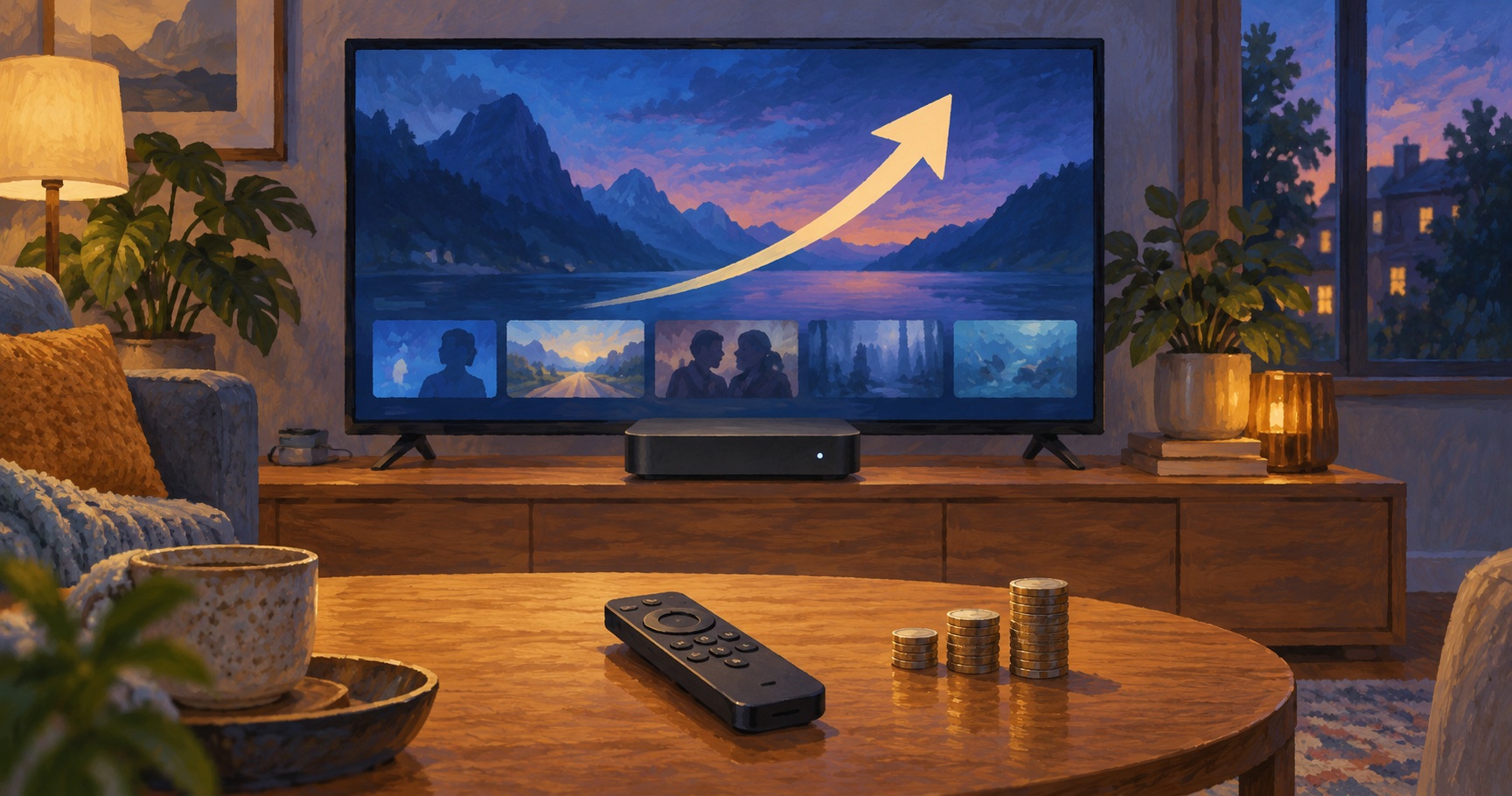 Conceptuele AI-illustratie van een televisie, afstandsbediening en een generiek mediakastje in een woonkamer; geen productfoto.
