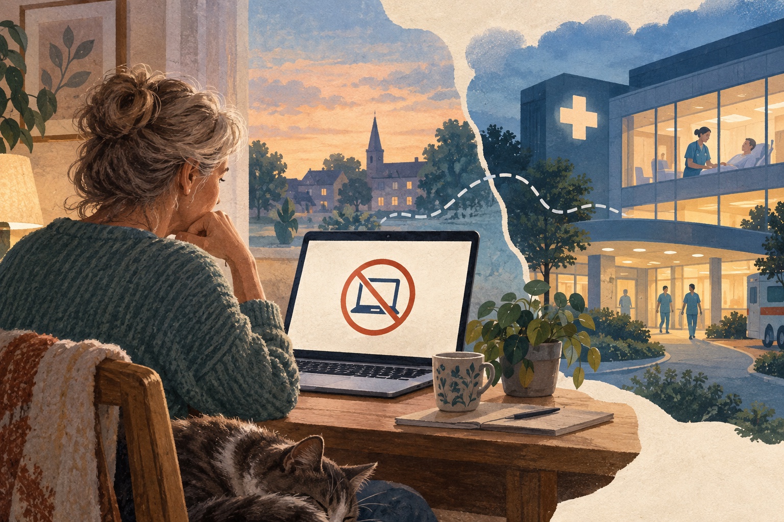 AI-illustratie: een patiënt ziet thuis dat de digitale toegang tot het ziekenhuis niet werkt, terwijl binnen de zorg doorgaat.
