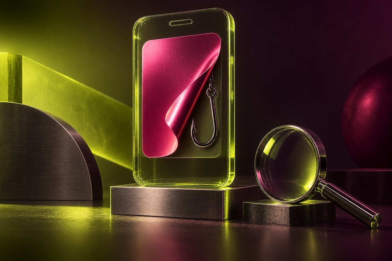 Conceptuele AI-illustratie: een roze advertentie op een transparante telefoon krult op en onthult een vishaak, met een vergrootglas ernaast.