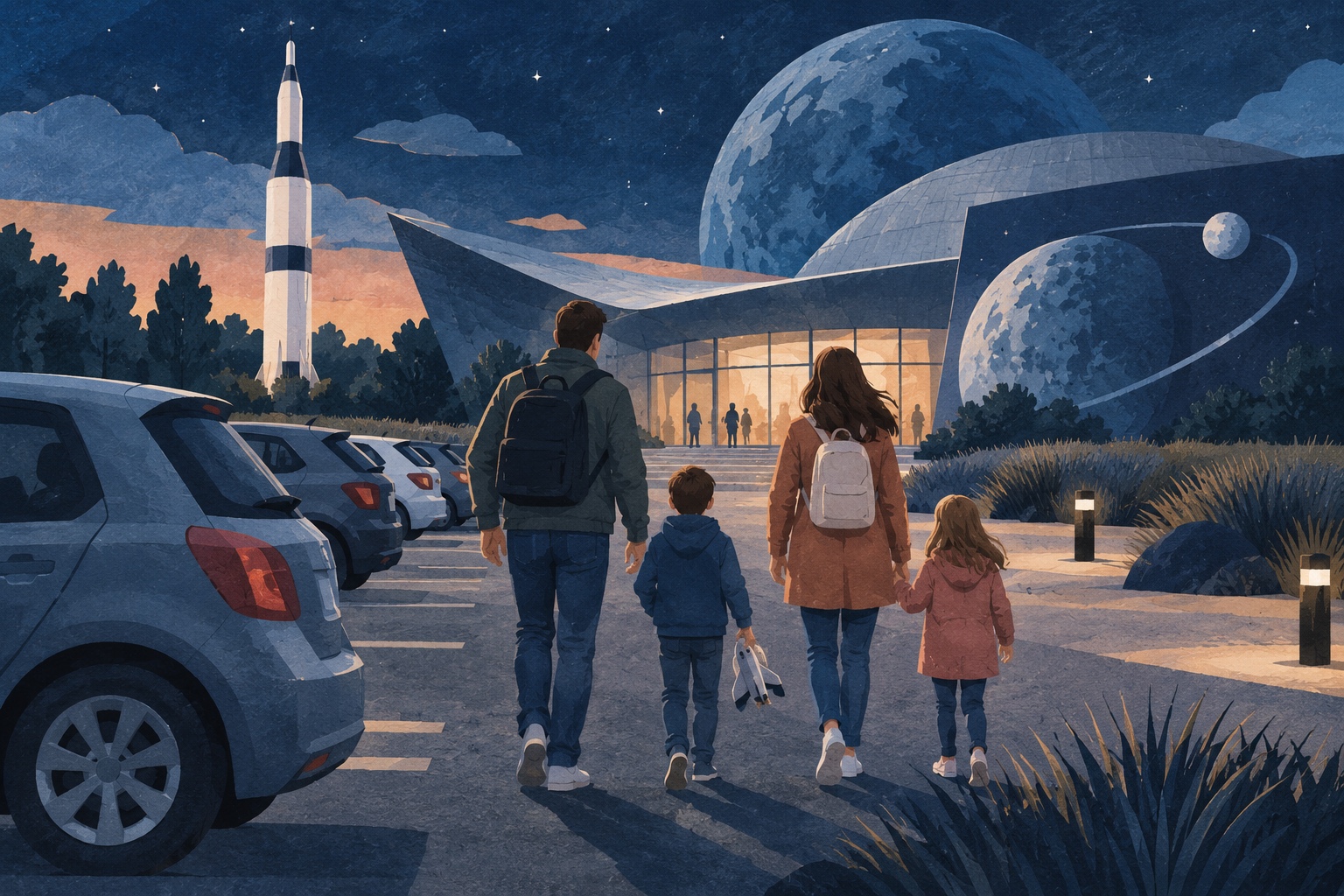 Illustratie van een gezin naast geparkeerde auto's op weg naar een fantasierijk ruimtemuseum; dit is niet het terrein van Space Expo.