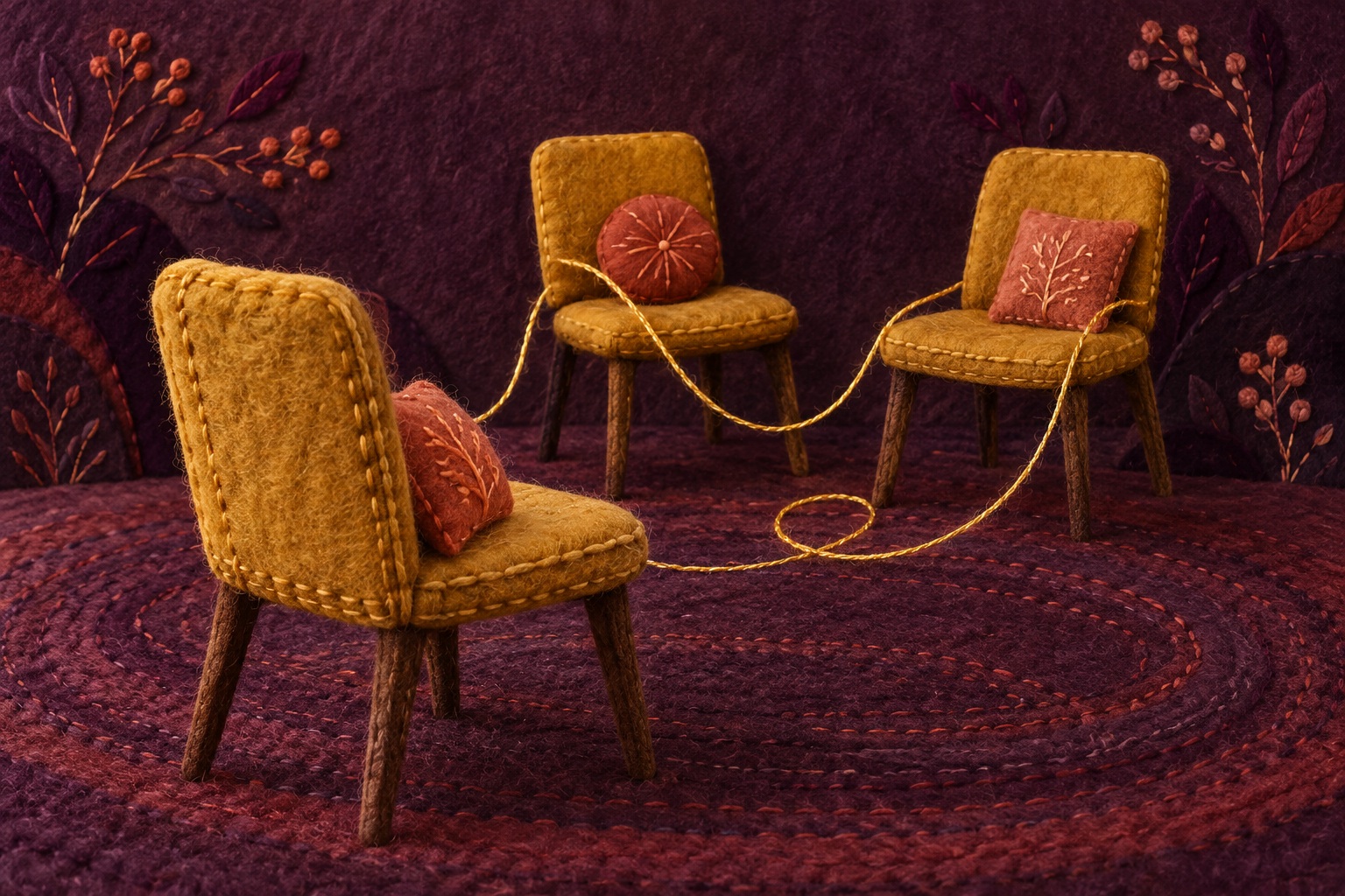 AI-illustratie in textielstijl van drie okergele stoelen met een losse gouden draad ertussen, als beeld voor afstand en verbondenheid.