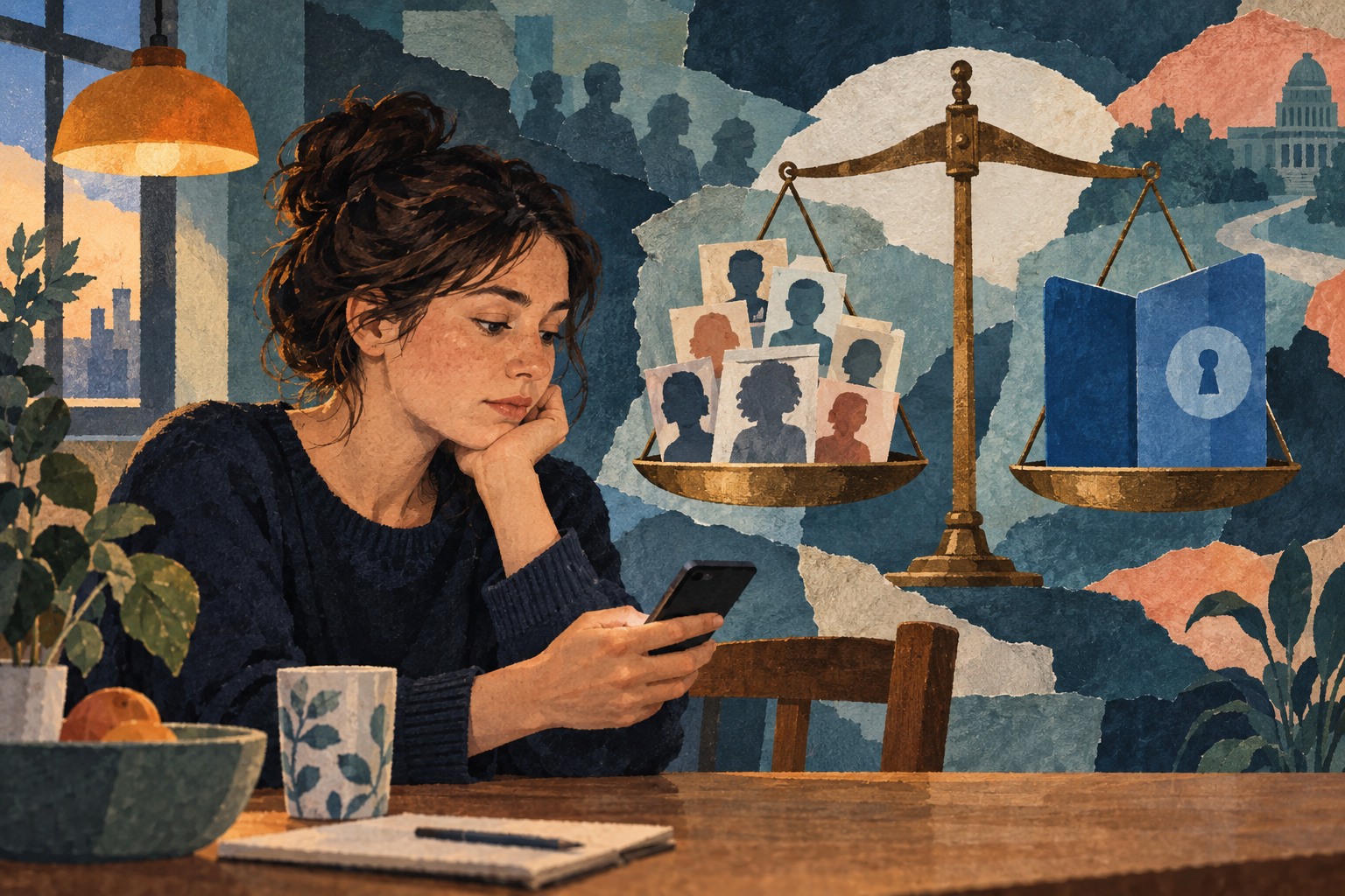 Geschilderde papiercollage van een jongere met een telefoon en een weegschaal met profielkaartjes als metafoor voor privacy en verantwoording.