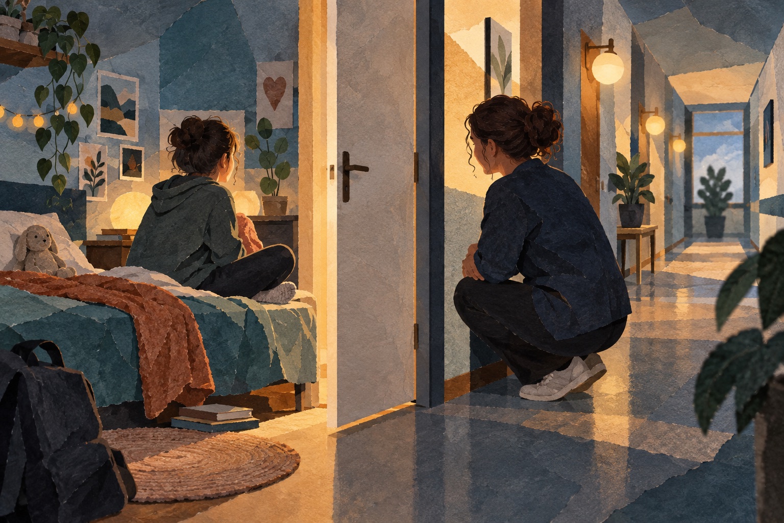 AI-illustratie: jongere zit in een kamer met een open deur; een zorgmedewerker is vlakbij in de gang.