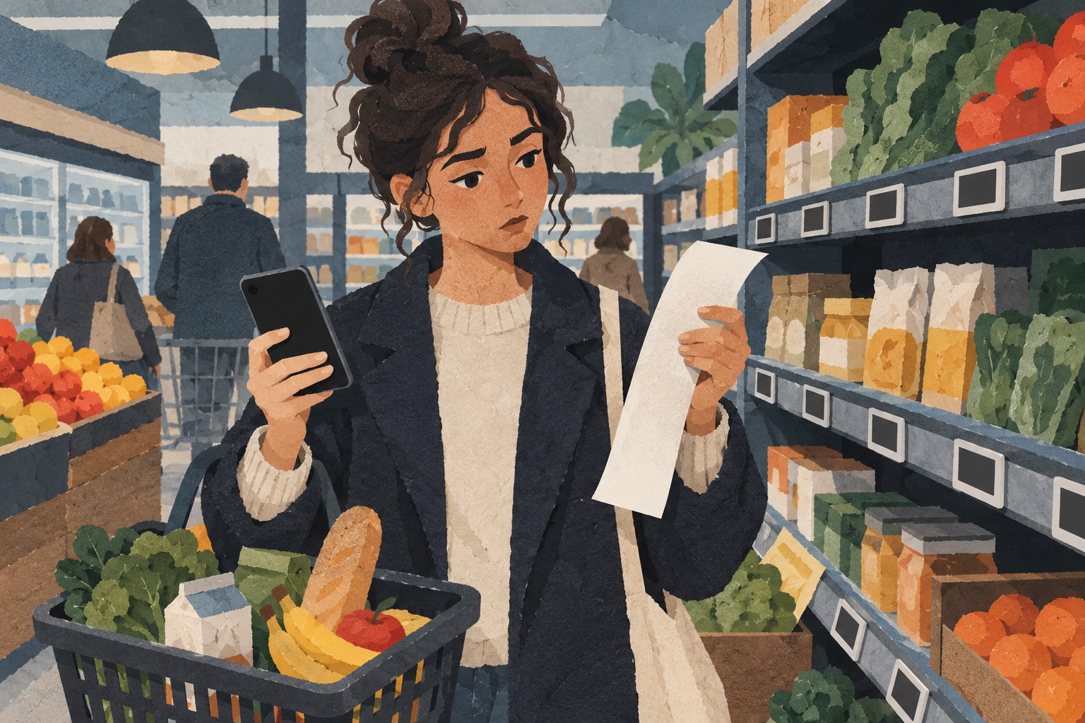 Conceptuele AI-illustratie van een klant die in een supermarkt een telefoon en kassabon bekijkt.