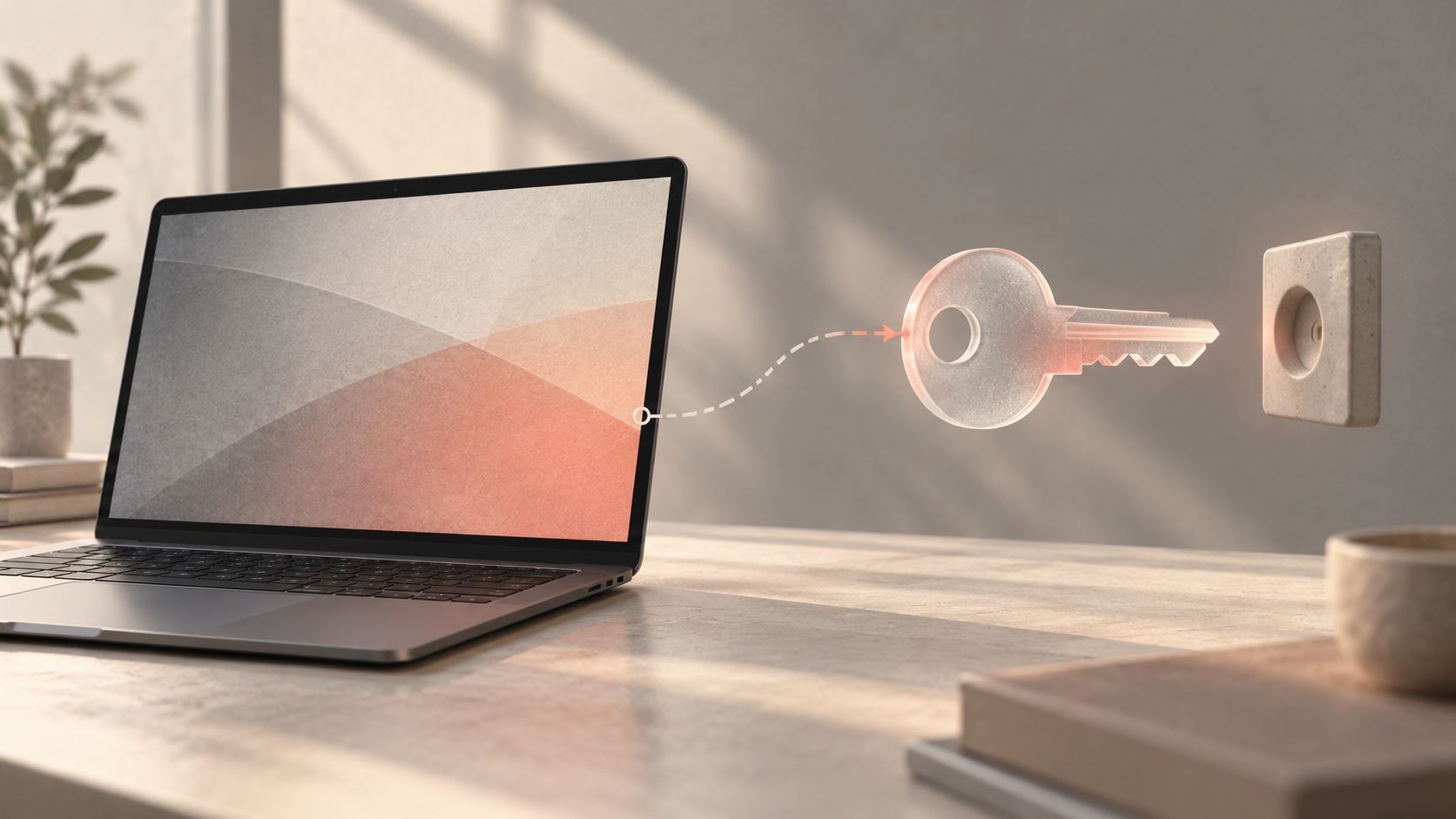 Conceptuele AI-illustratie van een laptop en een digitale sleutel die los van een sleutelgat zweeft.