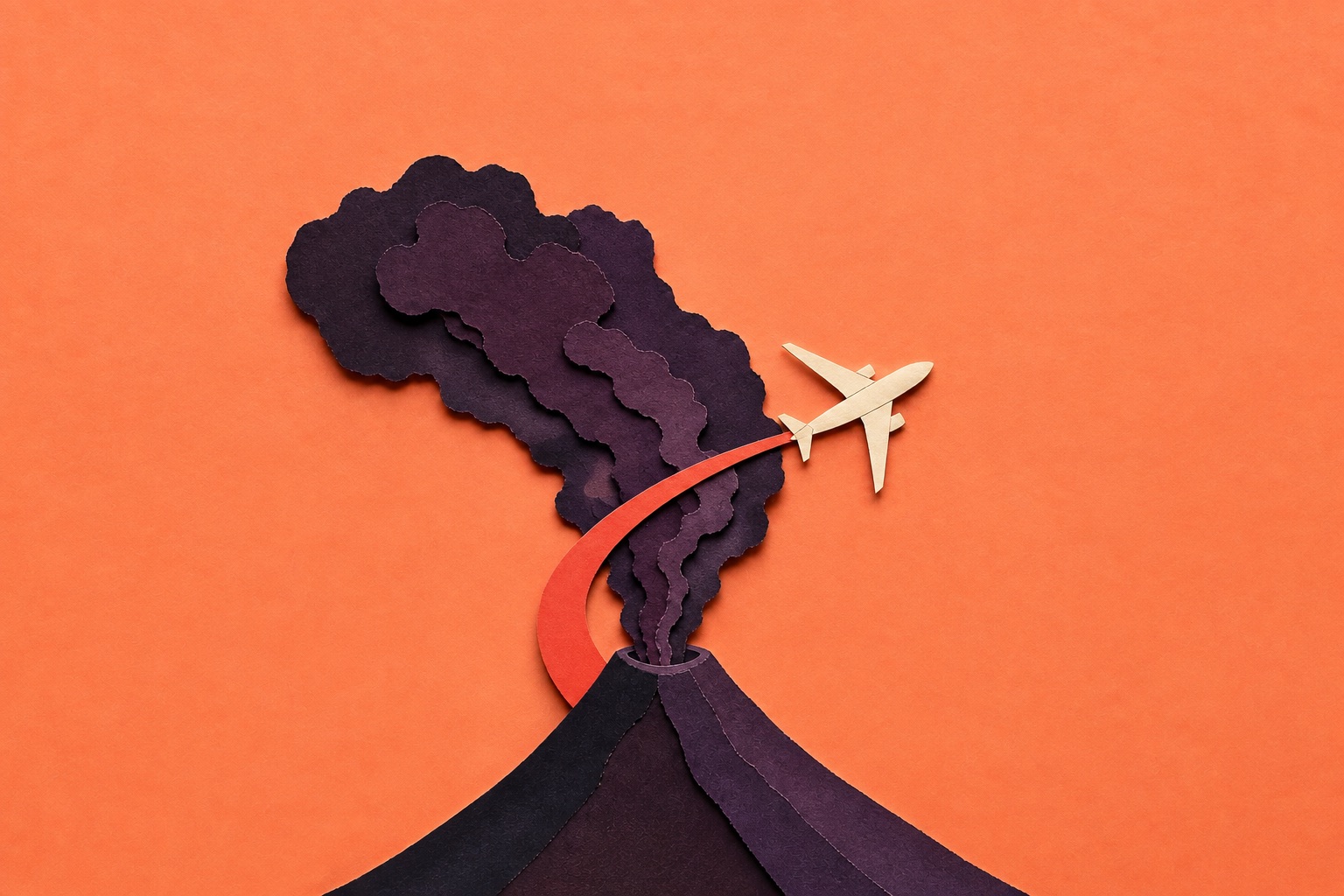 AI-illustratie als papiercollage: een vliegtuig, een gebogen vliegroute en een donkere aswolk boven een abstracte vulkaan.