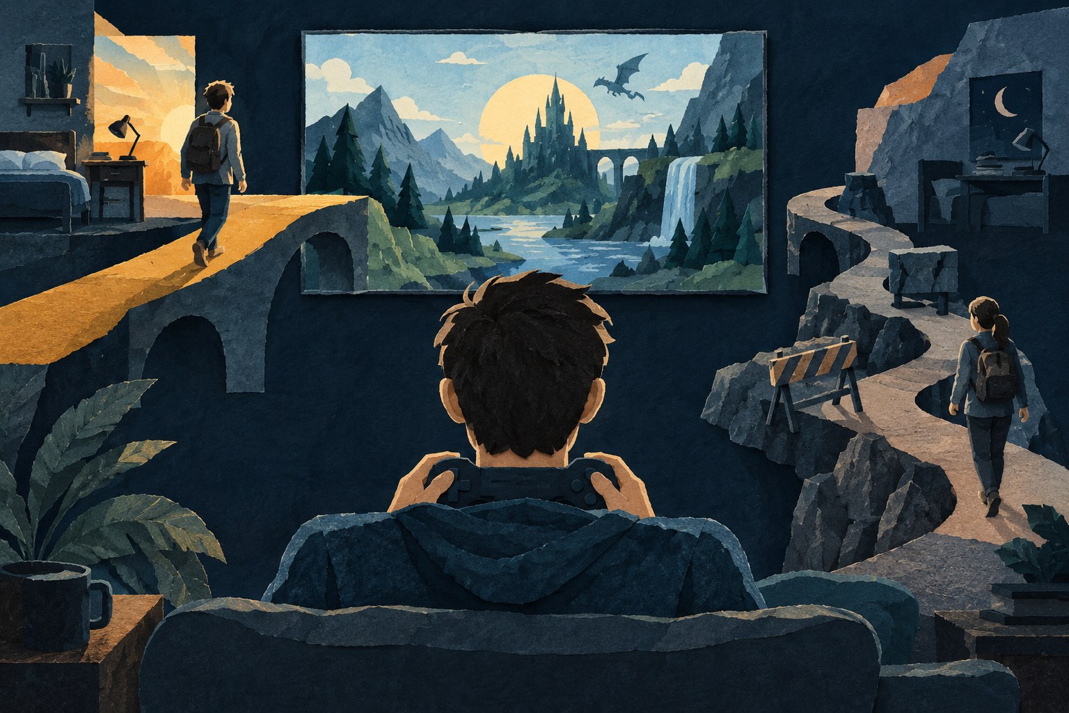 Geschilderde collage van een volwassen gamer die tussen een vroege en latere route naar hetzelfde spel kiest.