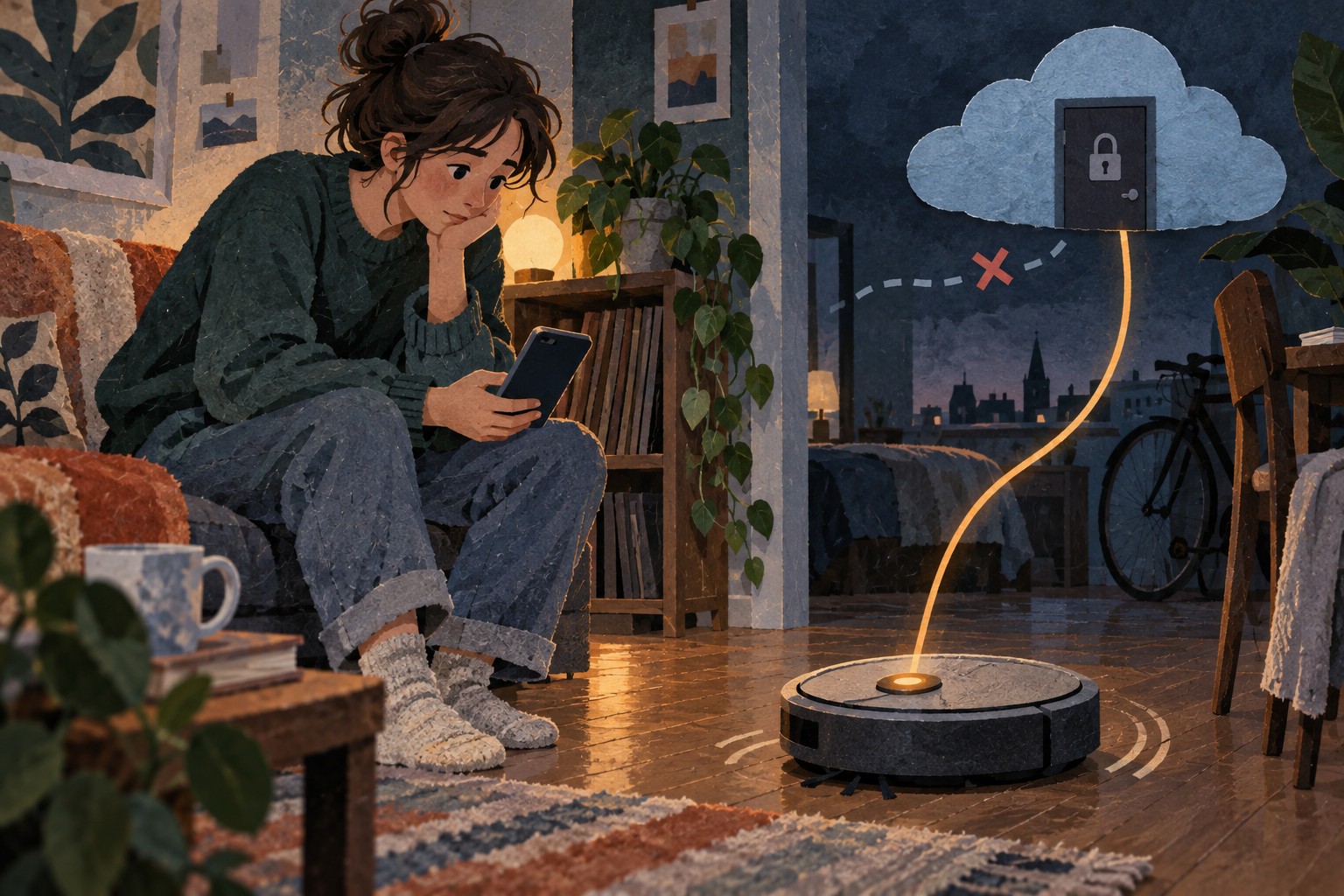 Conceptuele geschilderde collage van een jongere met telefoon naast een nog rijdende robotstofzuiger, terwijl de verbinding met een verre server is onderbroken.