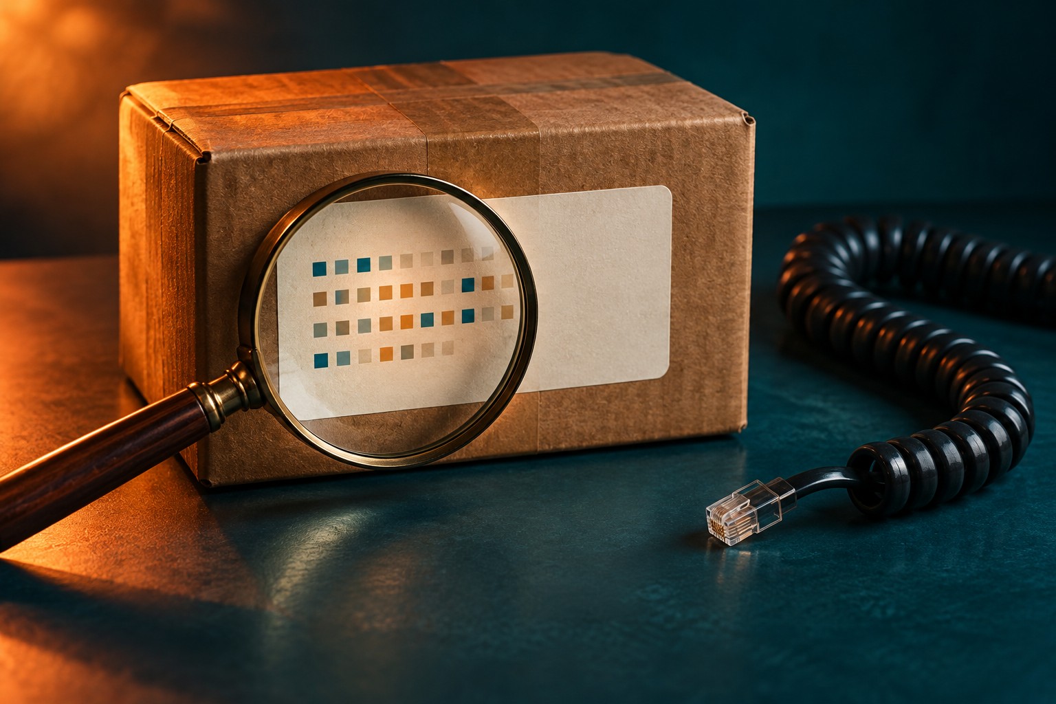 AI-illustratie van een pakket en vergrootglas als beeld voor de inzage in bestelgegevens.