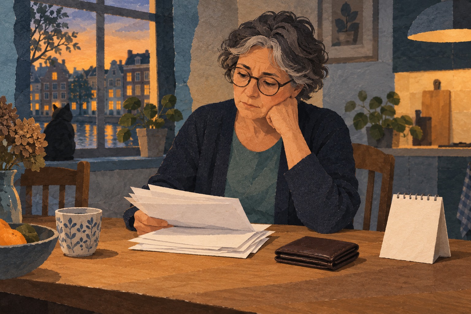 Conceptuele illustratie van een vrouw die blanco administratie ordent, met een portemonnee en lege kalender; geen echte belastingaangifte.