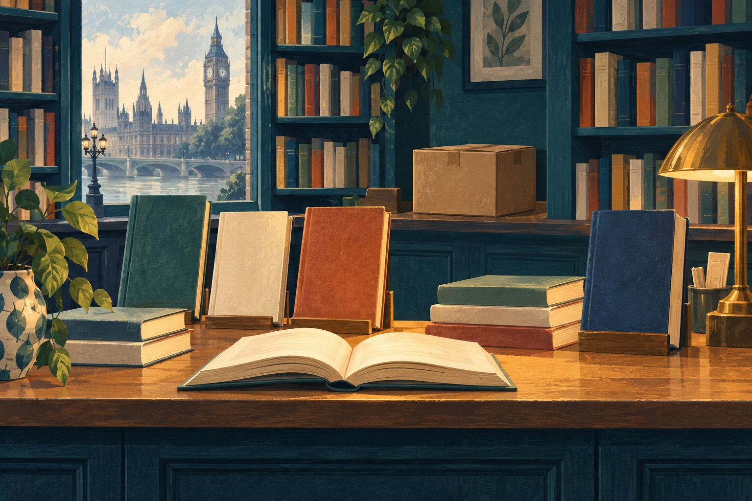 Geschilderde boekwinkel met boeken op een toonbank en een gesloten verzenddoos op de achtergrond.