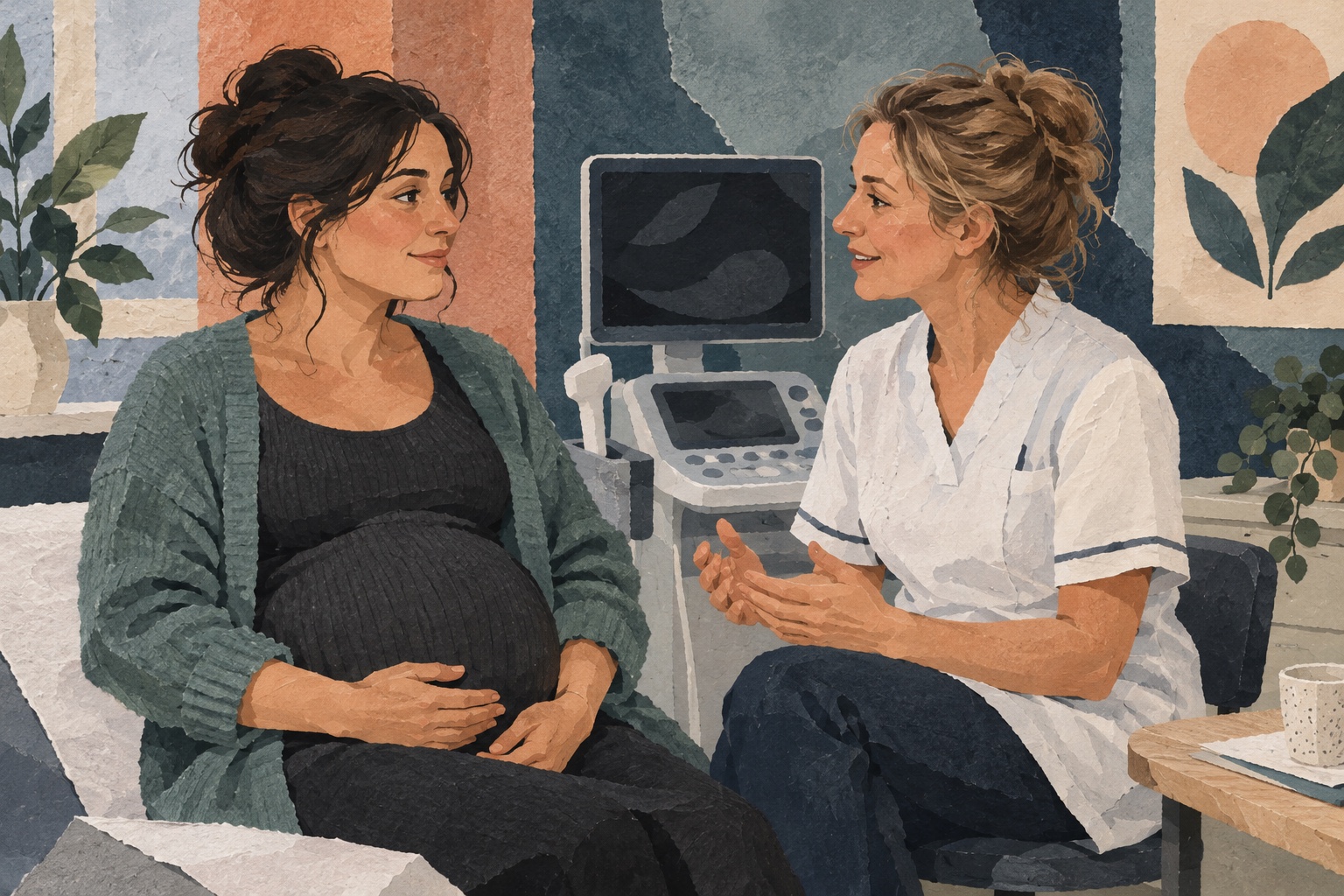 Conceptuele AI-illustratie van een zwangere vrouw die met een zorgverlener praat naast een echoapparaat.