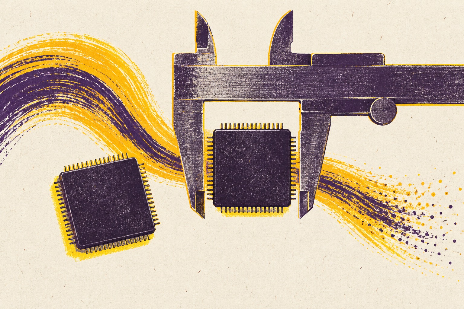 AI-illustratie in gele en paarse zeefdrukstijl van twee computerchips en een schuifmaat; een concept voor het meten van rekenprestaties.