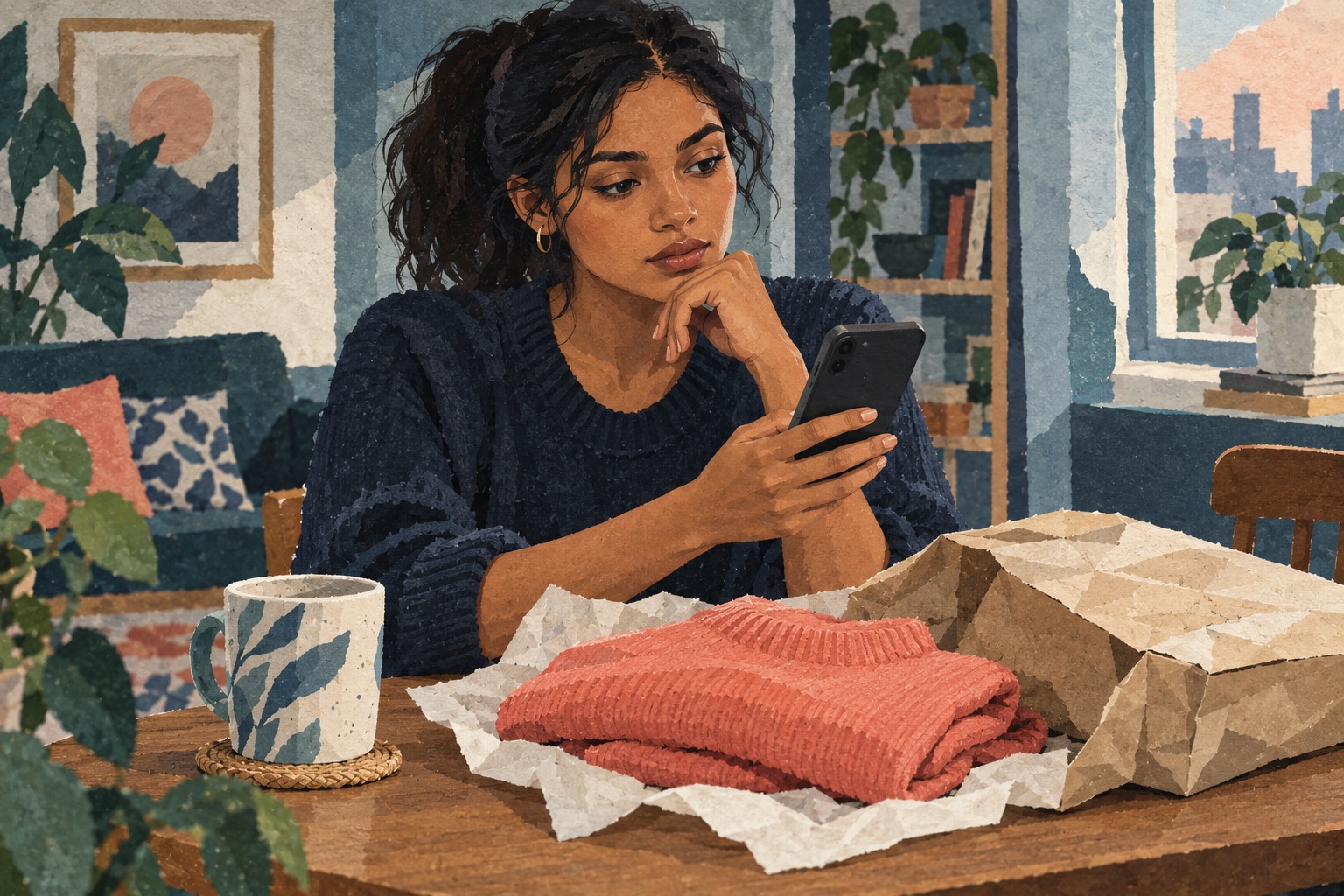 Conceptuele illustratie van een vrouw die haar telefoon bekijkt naast een kledingpakket; geen weergave van de echte ASOS-melding.