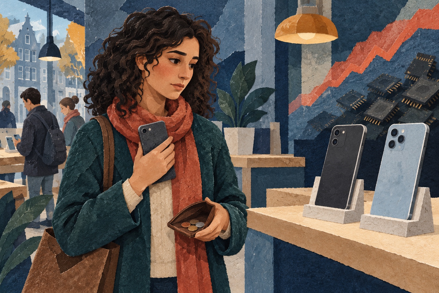 AI-illustratie van een jonge vrouw die met haar eigen telefoon en een portemonnee bij telefoons in een winkel staat.