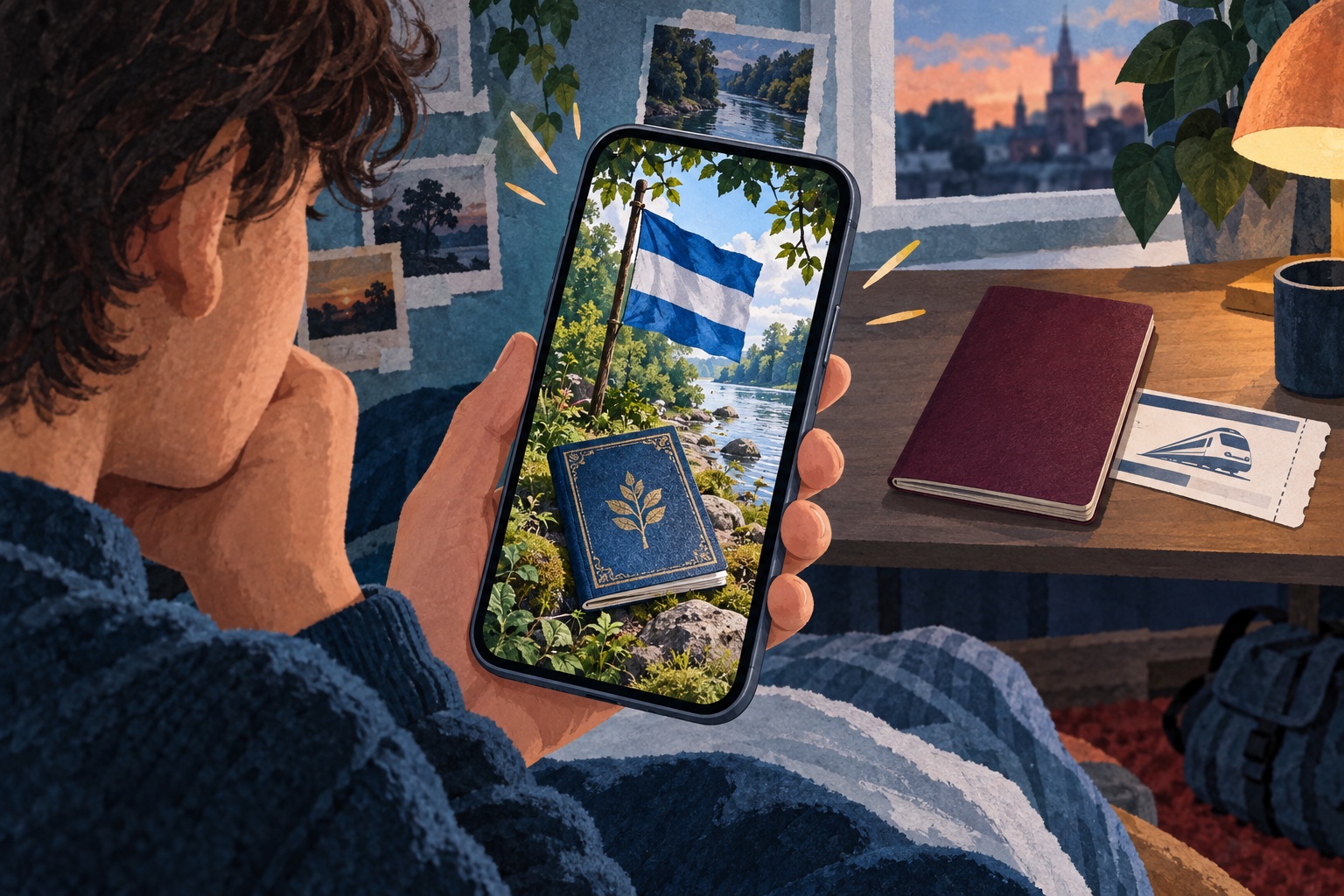 Conceptuele AI-papiercollage van een jongere die op een telefoon beelden van Verdis bekijkt, naast een gewoon reispaspoort.