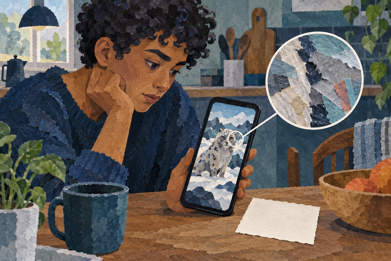 Conceptuele papiercollage van een jonge gebruiker die een dierenbeeld op een telefoon bekijkt, met een vergroot detail van het papierpatroon.